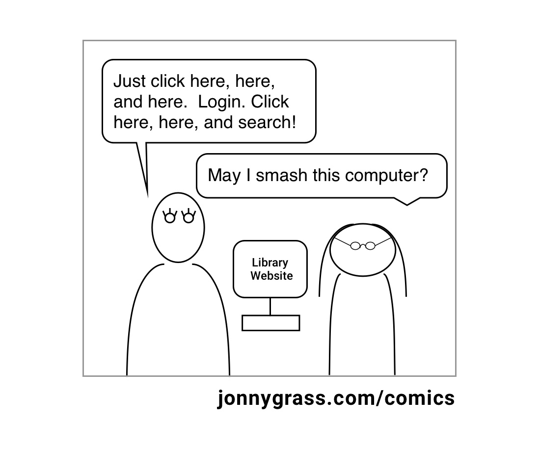 A comic depicting the frustrating search situation in a library A comic depicting the frustrating search situation in a library